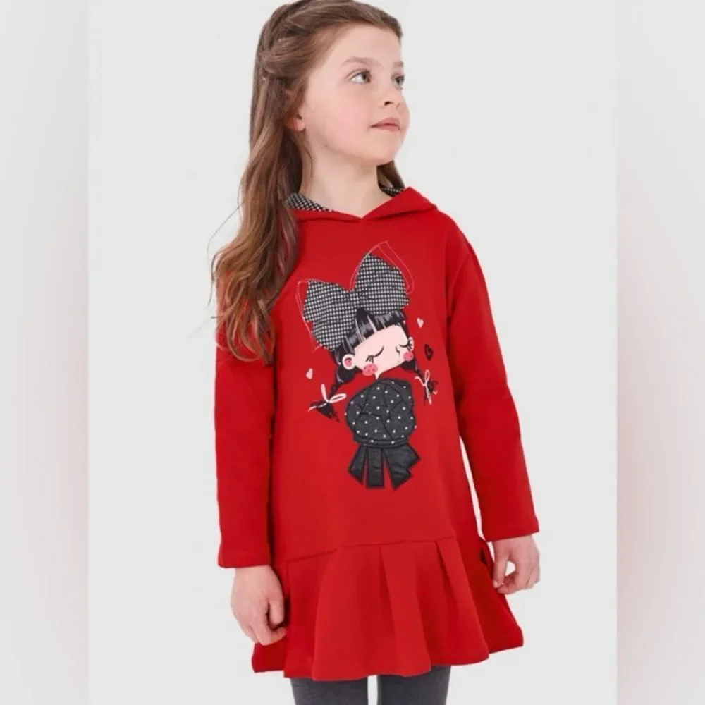 Mayoral Girls Red Hooded Dress Sz 4T